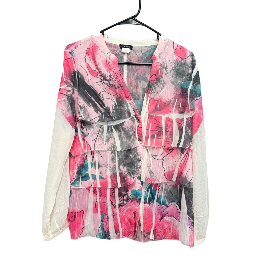 Cocomo Floral Ruffle Blouse Pink Black Sheer Long‎ Sleeve Top Womens